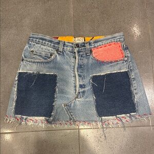 Riley Y2K Patchwork Denim Mini Skirt Distressed Low Rise Made USA Small